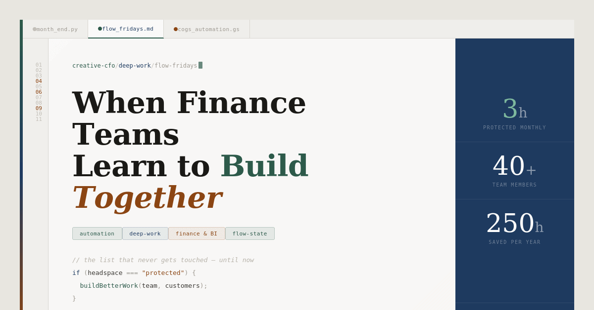 Flow Fridays deep work for finance teams — compounding time savings from team automation initiatives at Creative CFO